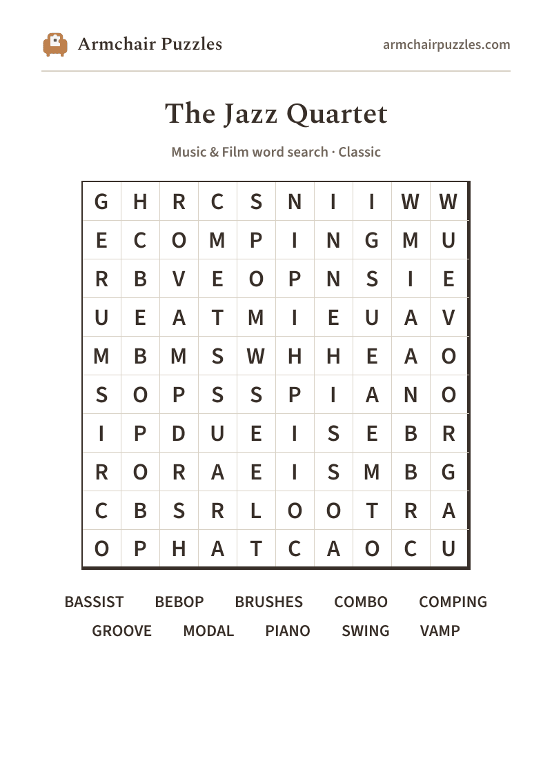 The printable The Jazz Quartet word search sheet: large-print Classic grid with its word list