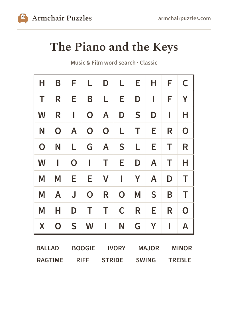 The printable The Piano and the Keys word search sheet: large-print Classic grid with its word list