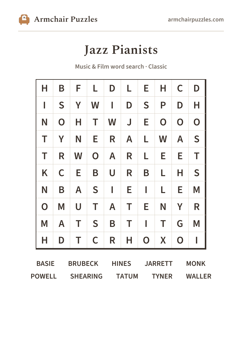 The printable The Piano and the Keys word search sheet in large print