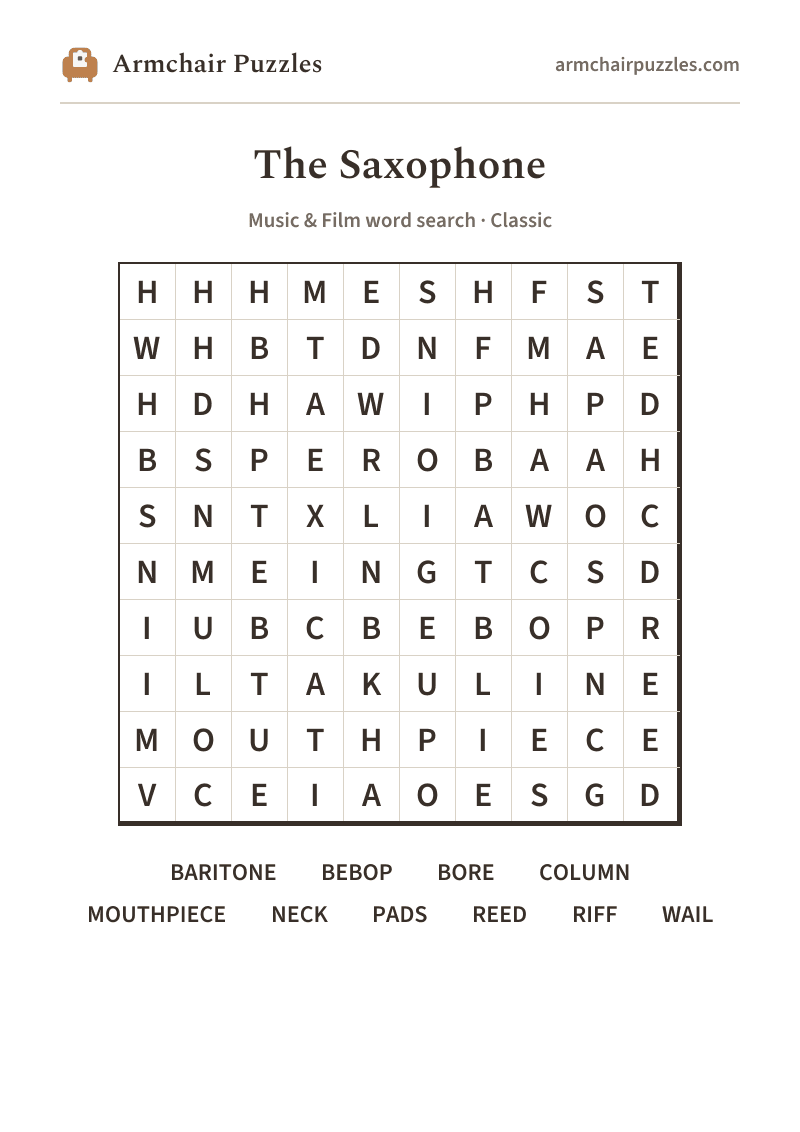 The printable The Saxophone word search sheet