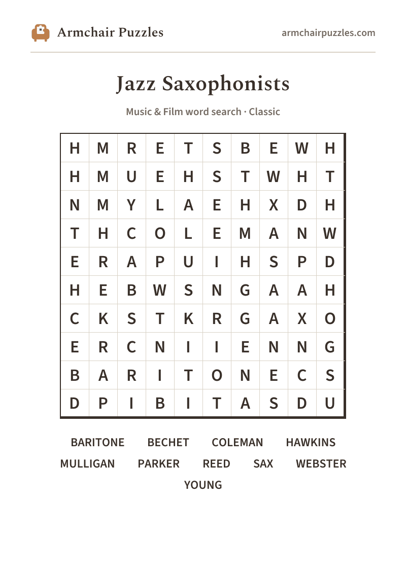 The printable The Saxophone word search sheet in large print