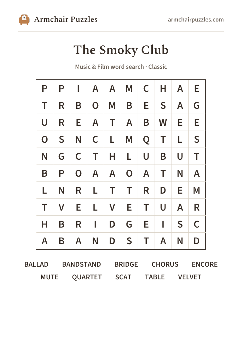 The printable The Smoky Club word search sheet