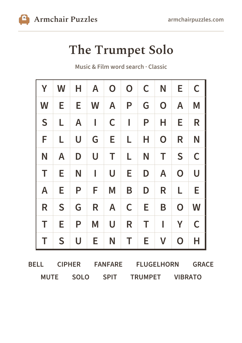 The printable The Trumpet Solo word search sheet