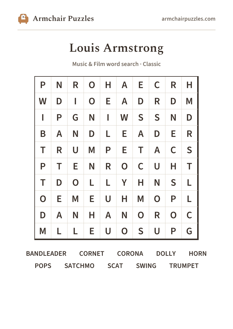 The printable The Trumpet Solo word search sheet: large-print Classic grid with its word list