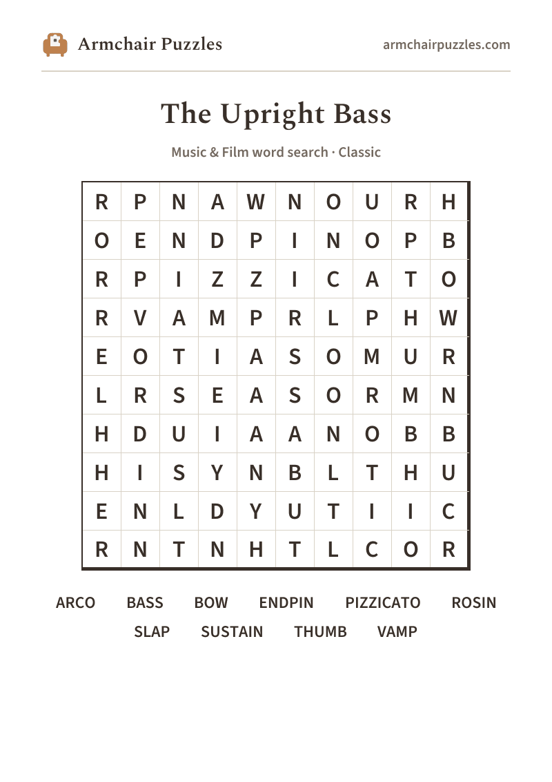 The printable The Upright Bass word search sheet
