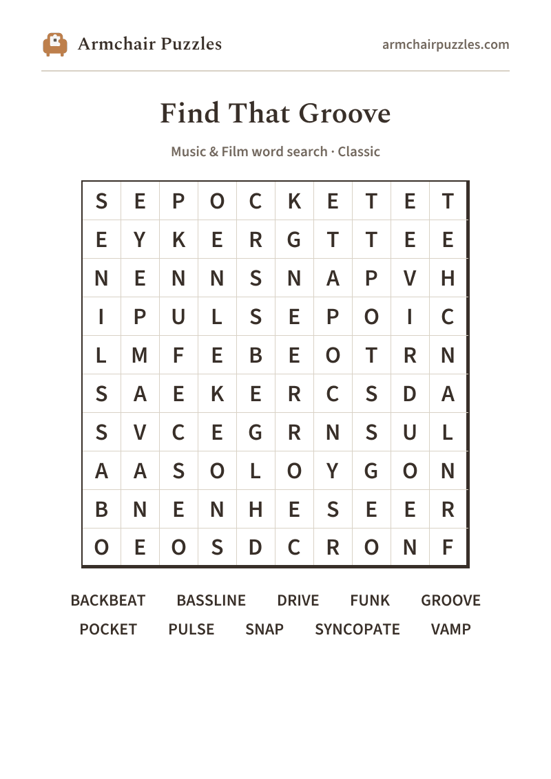 The printable Find That Groove word search sheet: large-print Classic grid with its word list