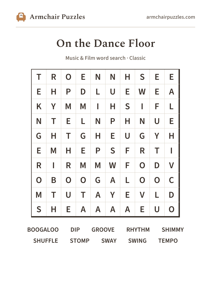 The printable On the Dance Floor word search sheet