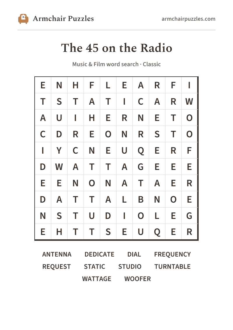 The printable The 45 on the Radio word search sheet
