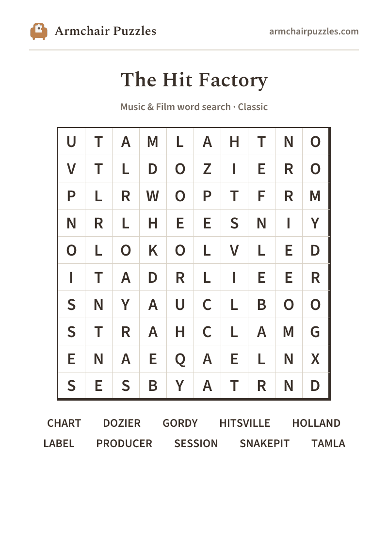 The printable The Hit Factory word search sheet in large print