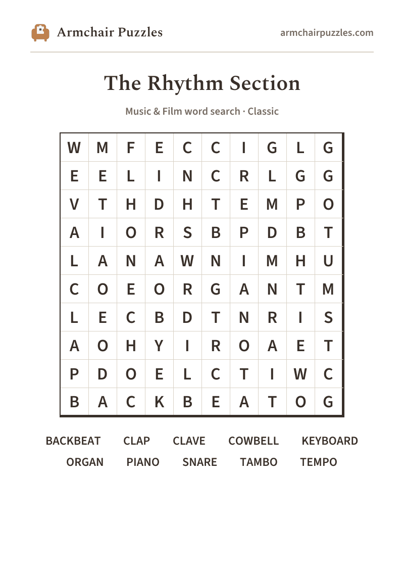 The printable The Rhythm Section word search sheet: large-print Classic grid with its word list