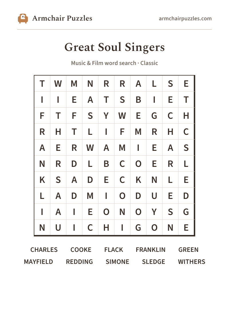The printable The Soul Singer word search sheet