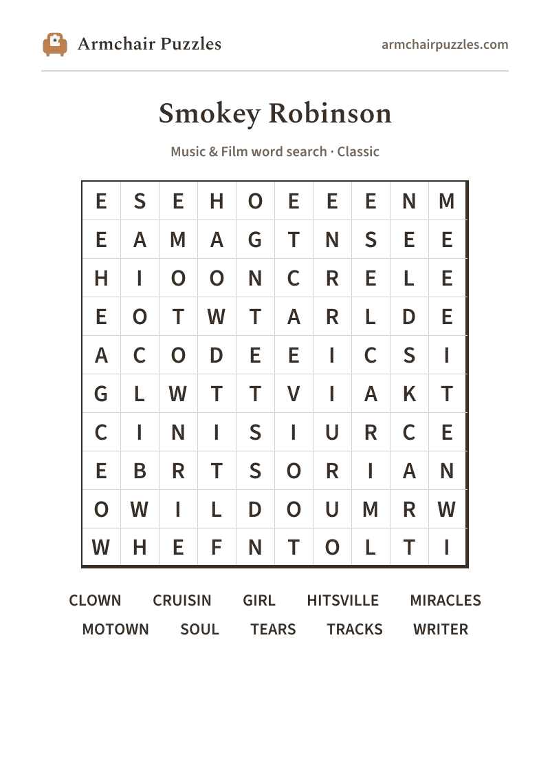The printable Smokey Robinson word search sheet