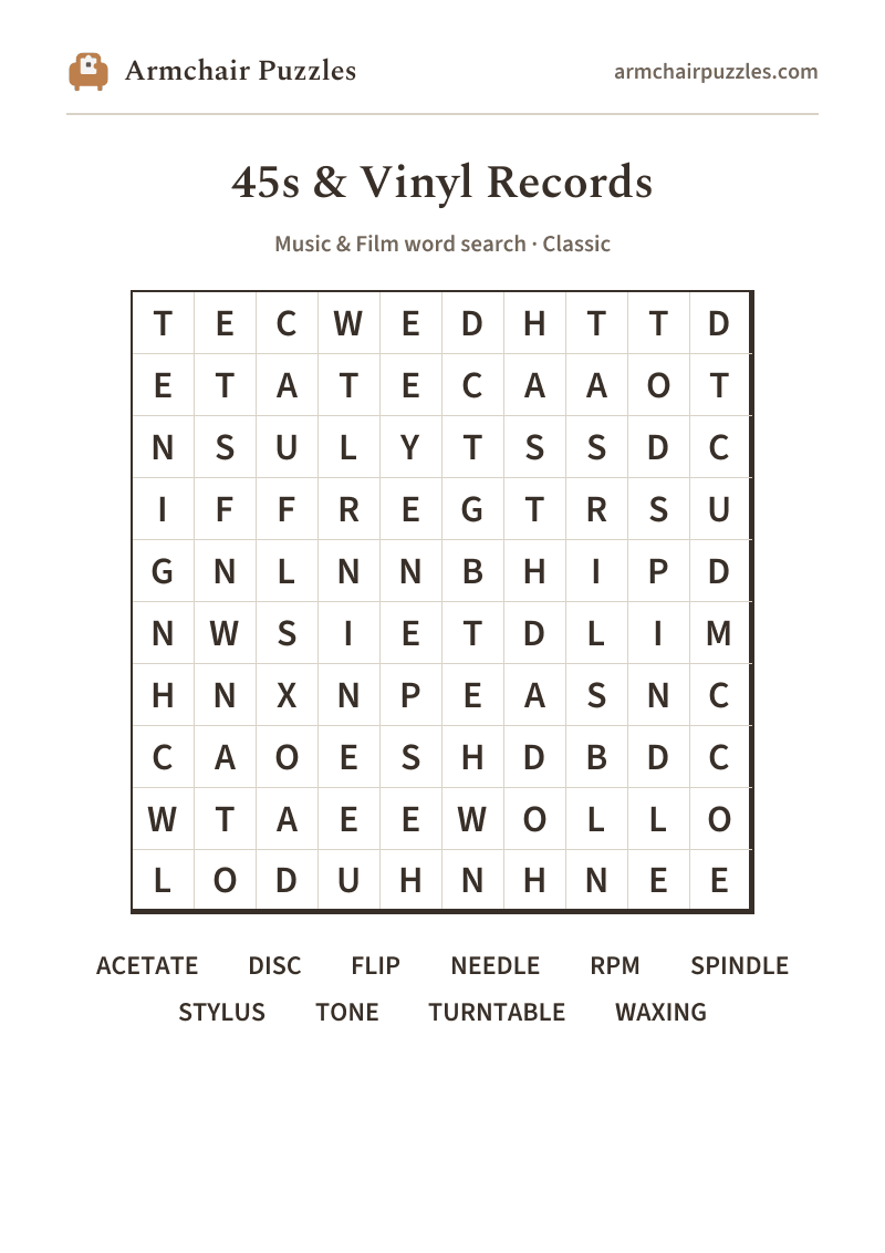 The printable 45s & Vinyl Records word search sheet