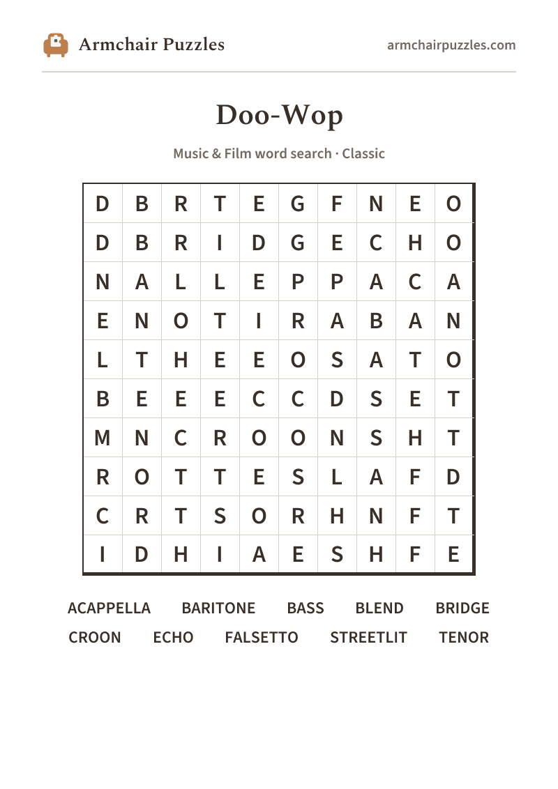 The printable Doo-Wop word search sheet