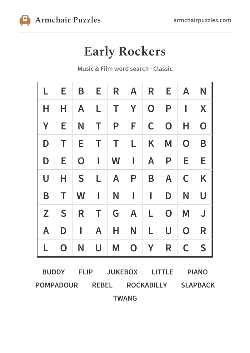 The printable Early Rockers word search sheet in large print