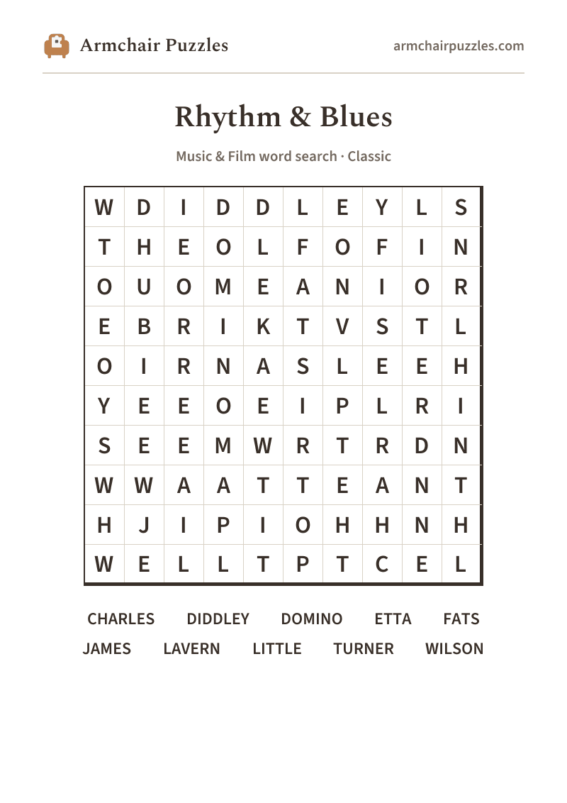 The printable Rhythm & Blues word search sheet