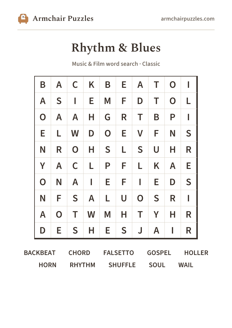 The printable Rhythm & Blues word search sheet