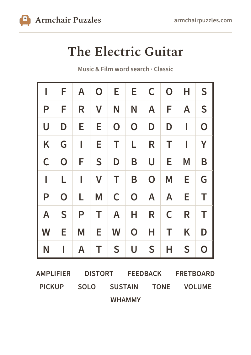 The printable The Electric Guitar word search sheet