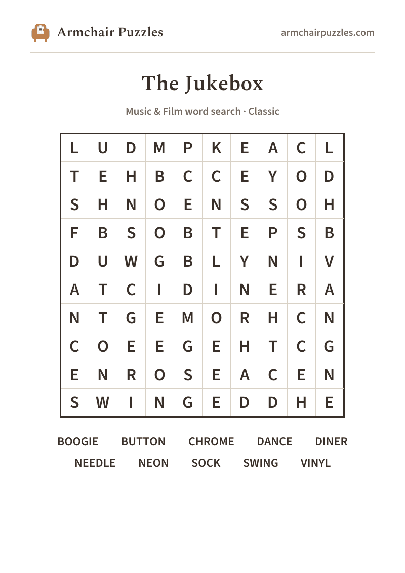 The printable The Jukebox word search sheet
