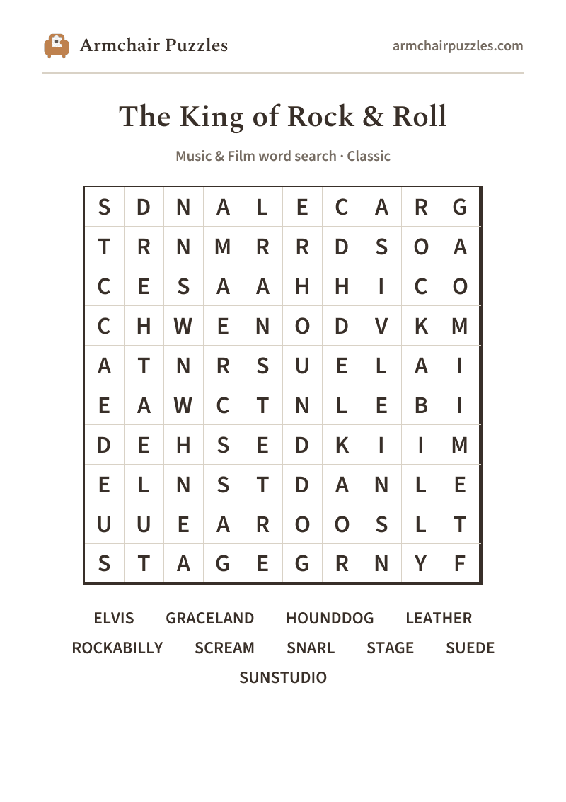 The printable The King of Rock & Roll word search sheet