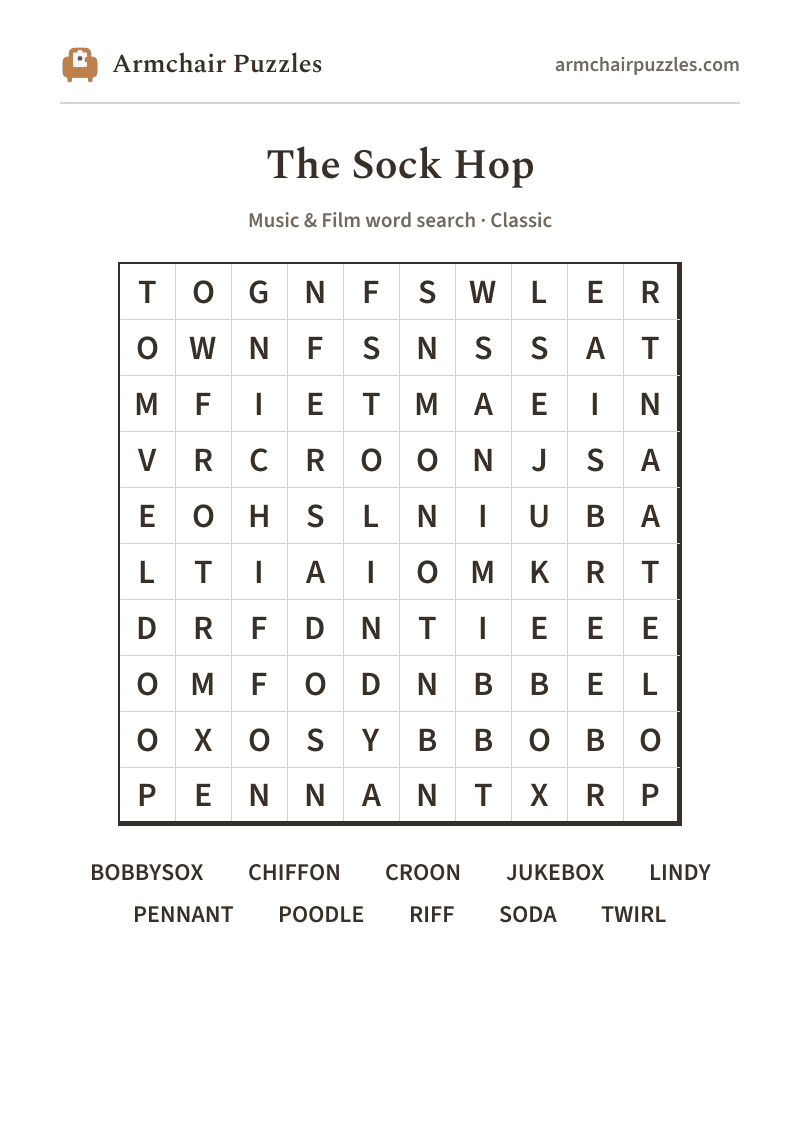 The printable The Sock Hop word search sheet