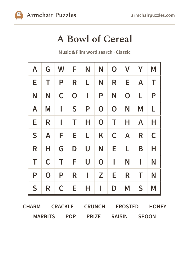 The printable A Bowl of Cereal word search sheet in large print