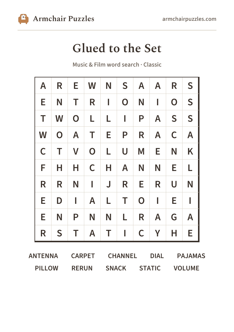 The printable Glued to the Set word search sheet in large print