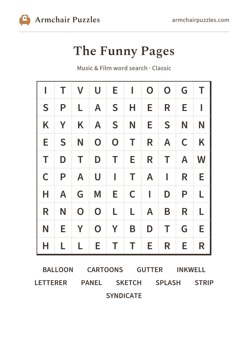 The printable The Funny Pages word search sheet: large-print Classic grid with its word list