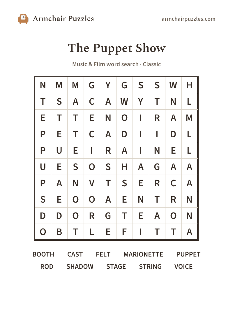 The printable The Puppet Show word search sheet in large print