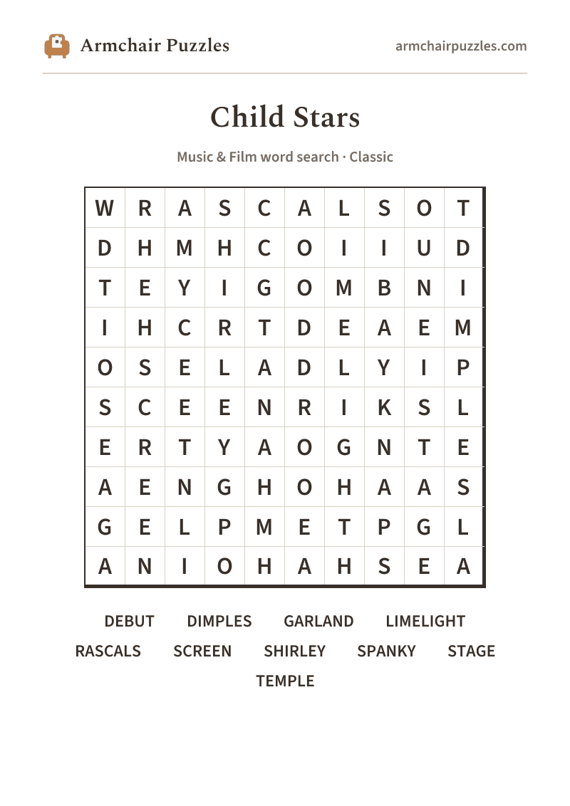 The printable Child Stars word search sheet