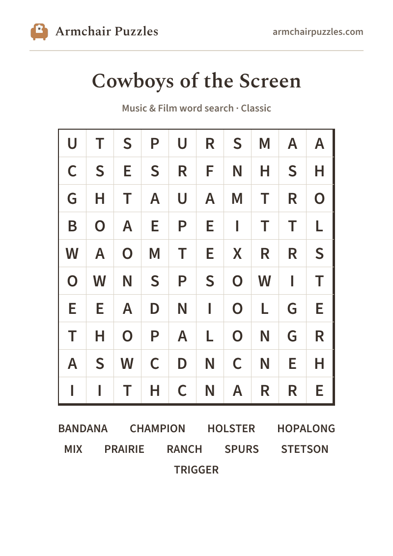 The printable Cowboys of the Screen word search sheet