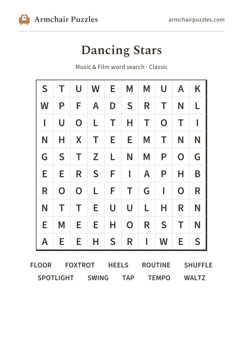 The printable Dancing Stars word search sheet: large-print Classic grid with its word list