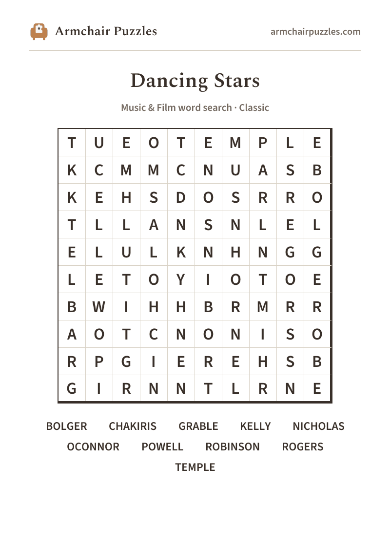 The printable Dancing Stars word search sheet