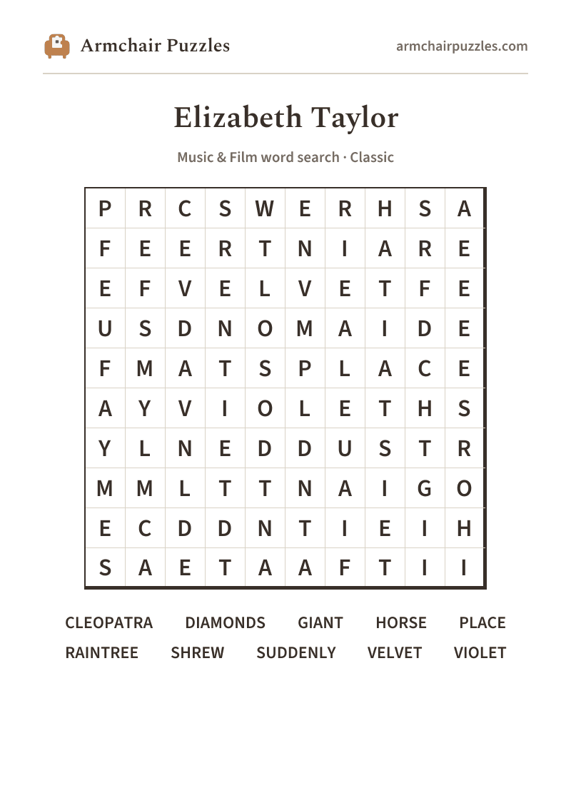 The printable Elizabeth Taylor word search sheet: large-print Classic grid with its word list