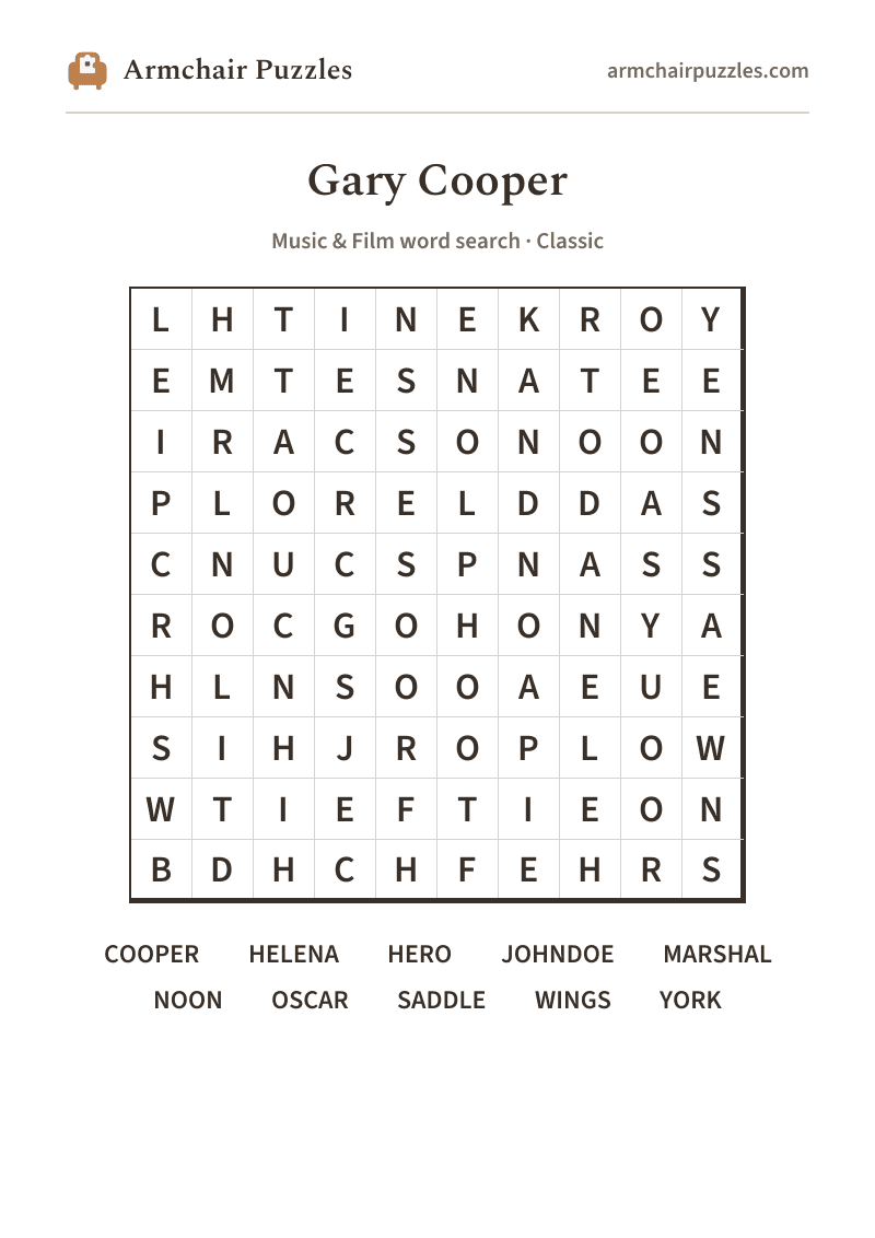 The printable Gary Cooper word search sheet: large-print Classic grid with its word list