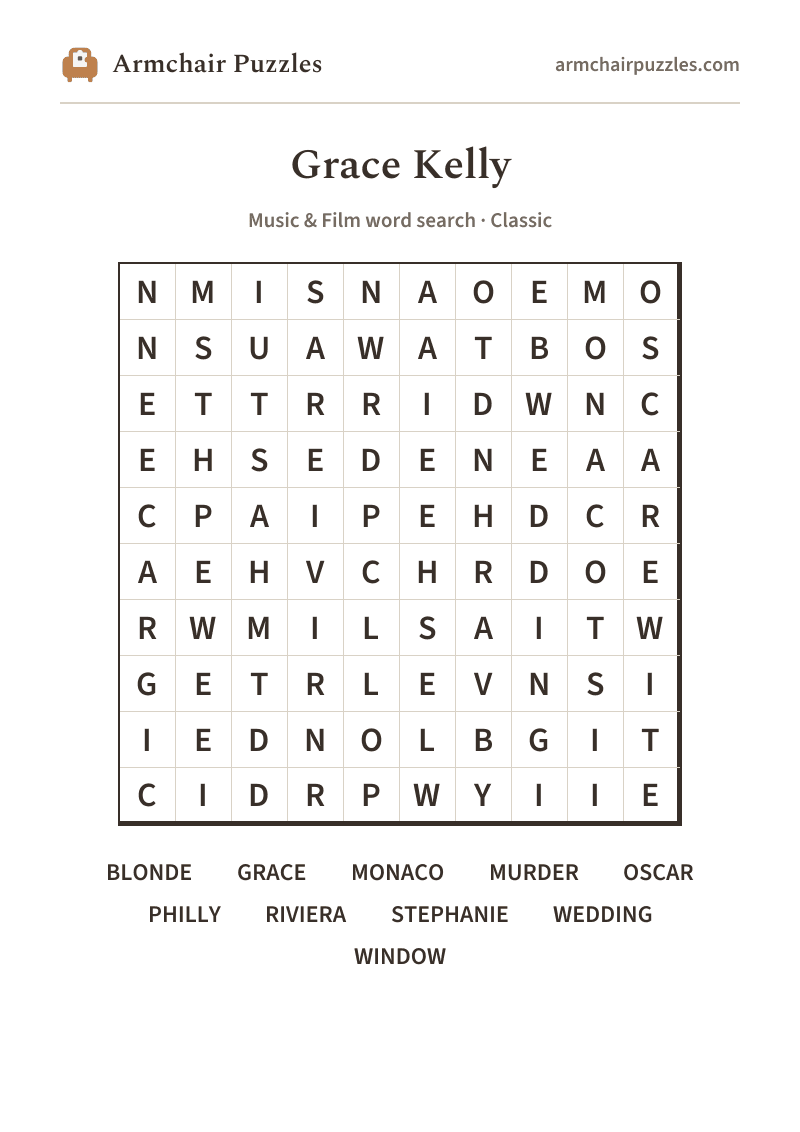 The printable Grace Kelly word search sheet: large-print Classic grid with its word list
