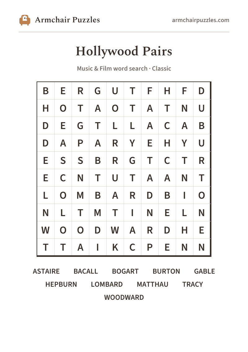The printable Hollywood Pairs word search sheet in large print