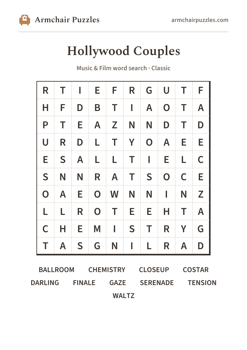 The printable Hollywood Couples word search sheet