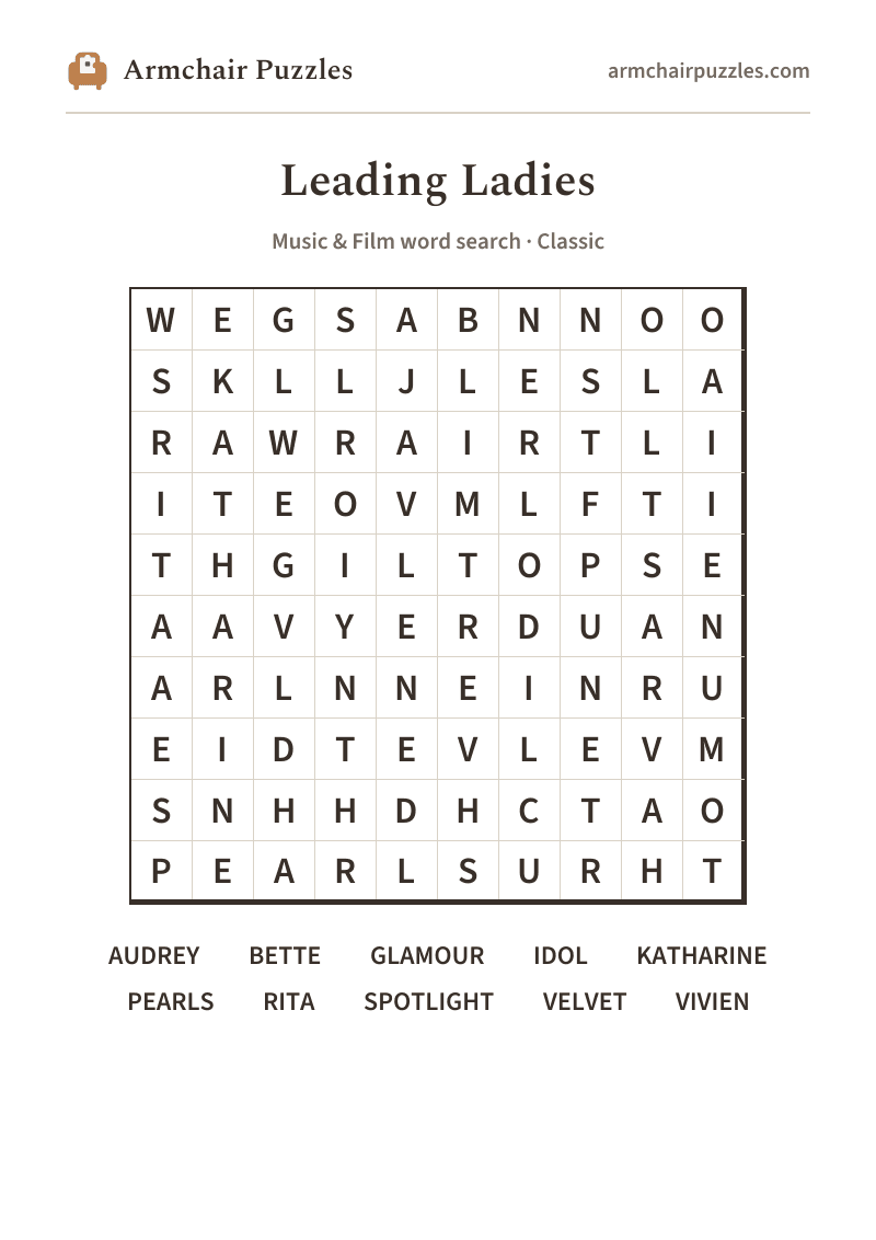 The printable Leading Ladies word search sheet