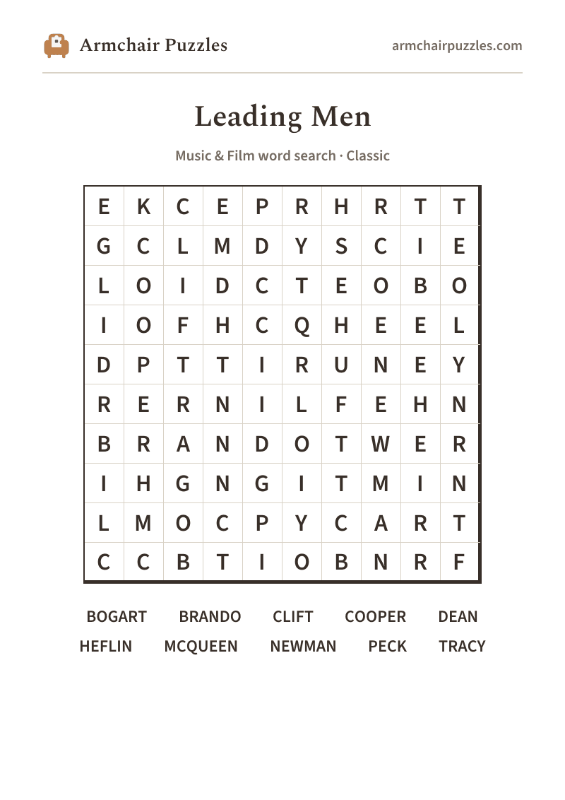 The printable Leading Men word search sheet