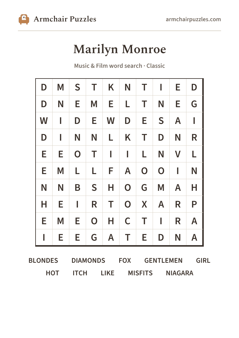 The printable Marilyn Monroe word search sheet in large print