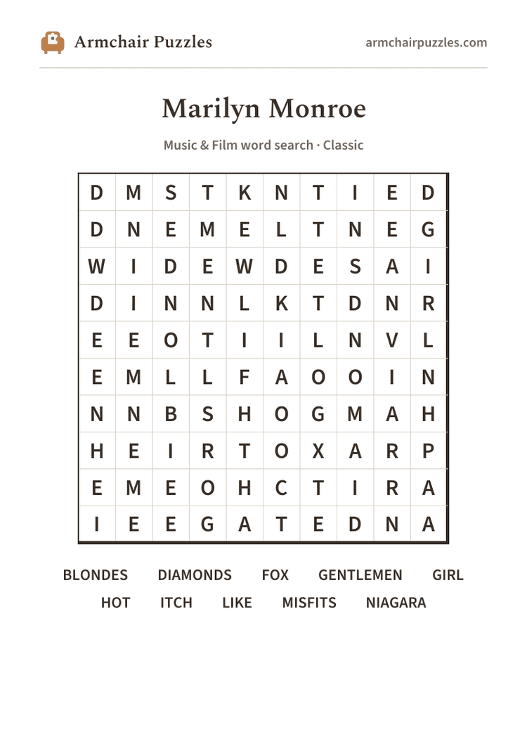 Word G Sign Marilyn Monroe word search to print