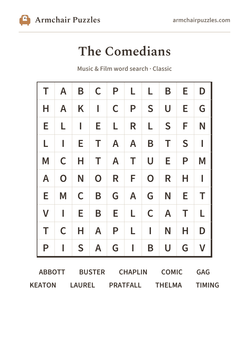 The printable The Comedians word search sheet