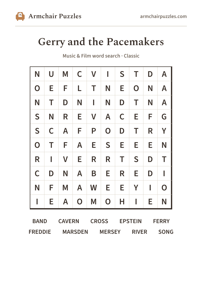 The printable Gerry and the Pacemakers word search sheet