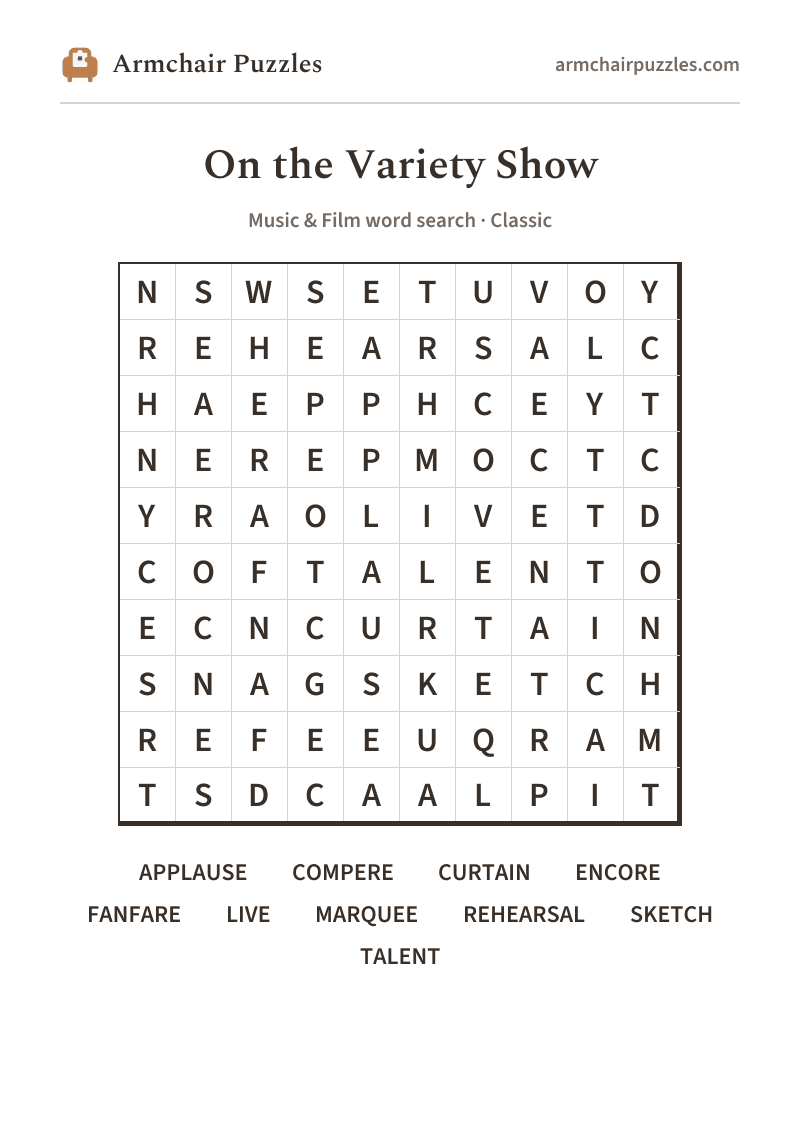 The printable On the Variety Show word search sheet in large print