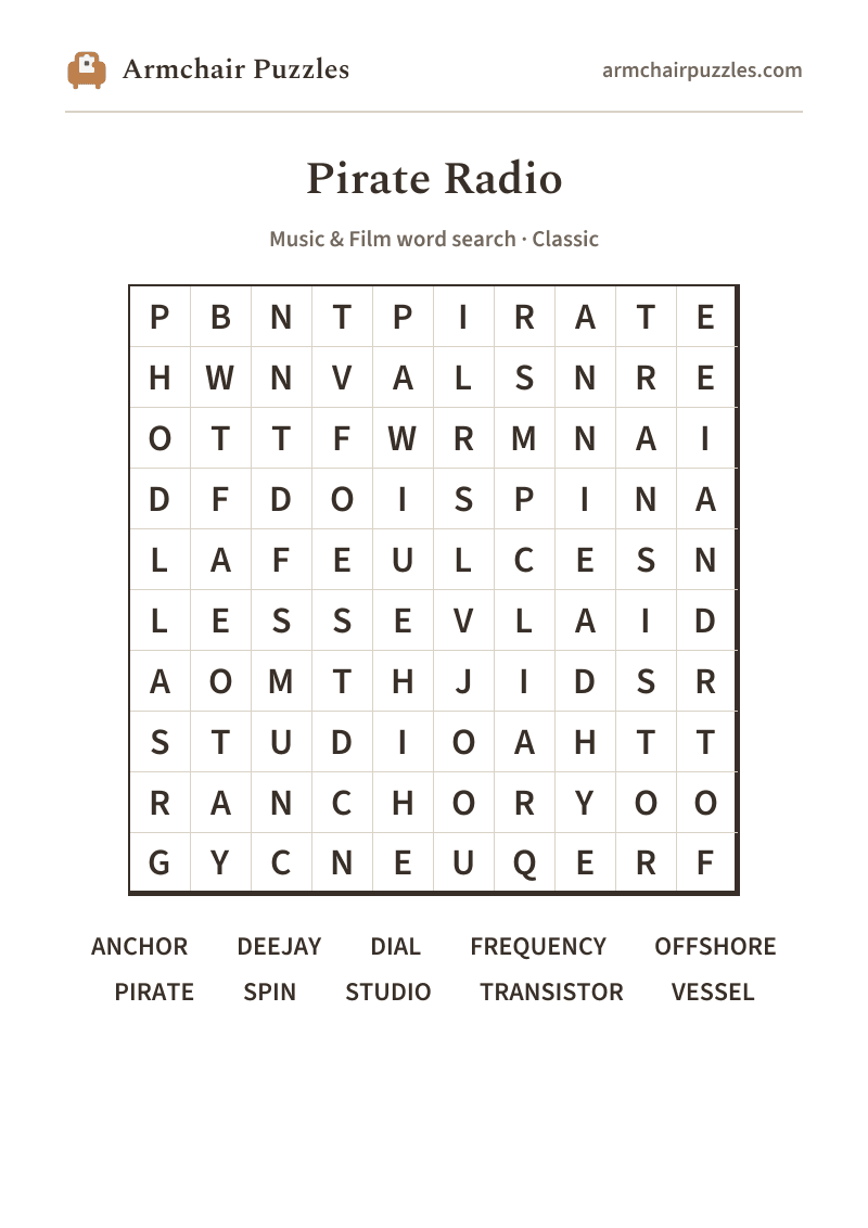The printable Pirate Radio word search sheet: large-print Classic grid with its word list