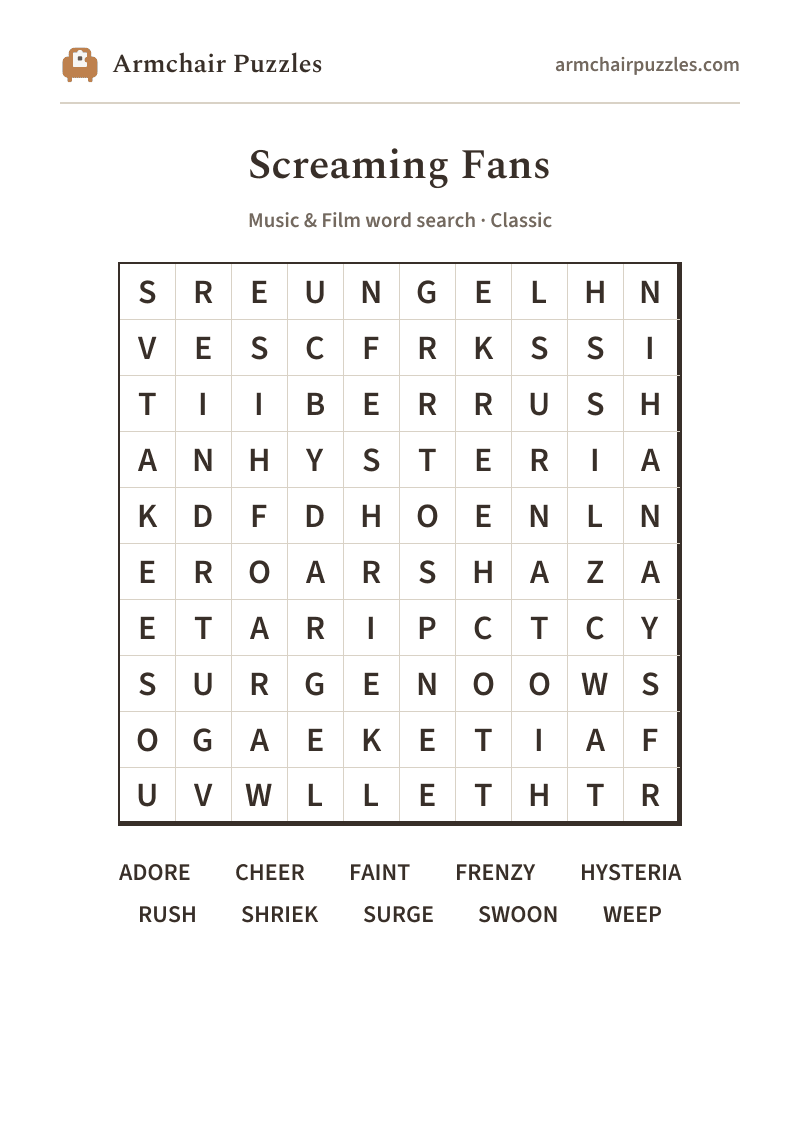 The printable Screaming Fans word search sheet in large print