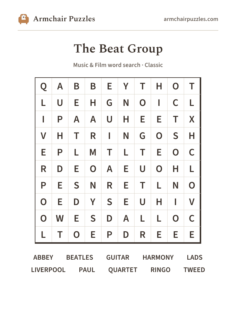 The printable The Beat Group word search sheet