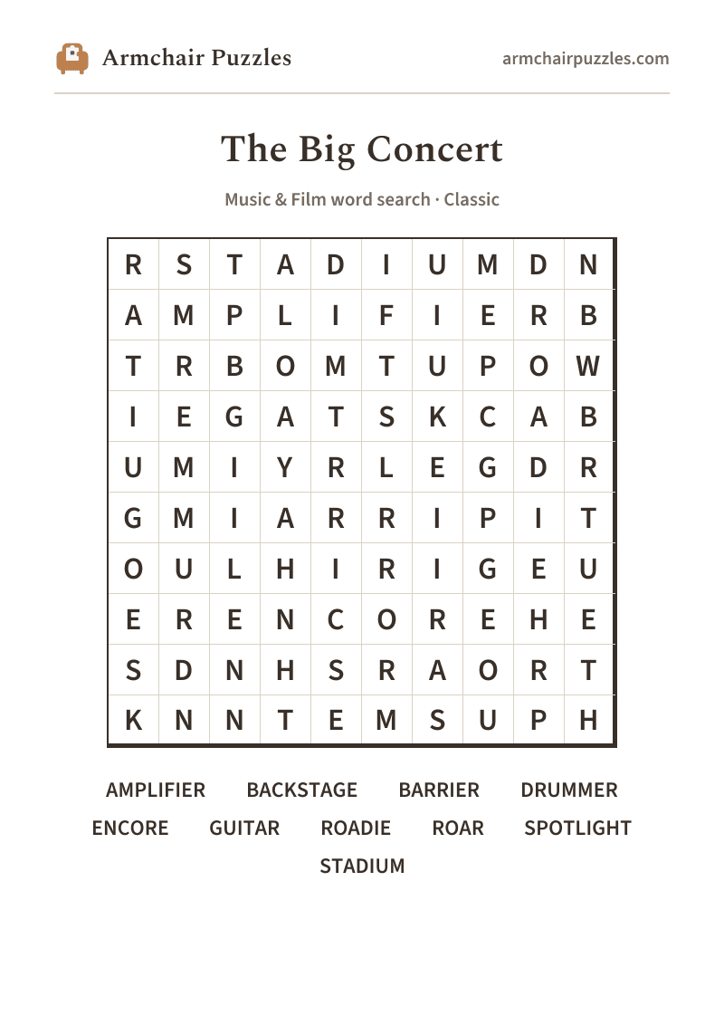 The printable The Big Concert word search sheet: large-print Classic grid with its word list