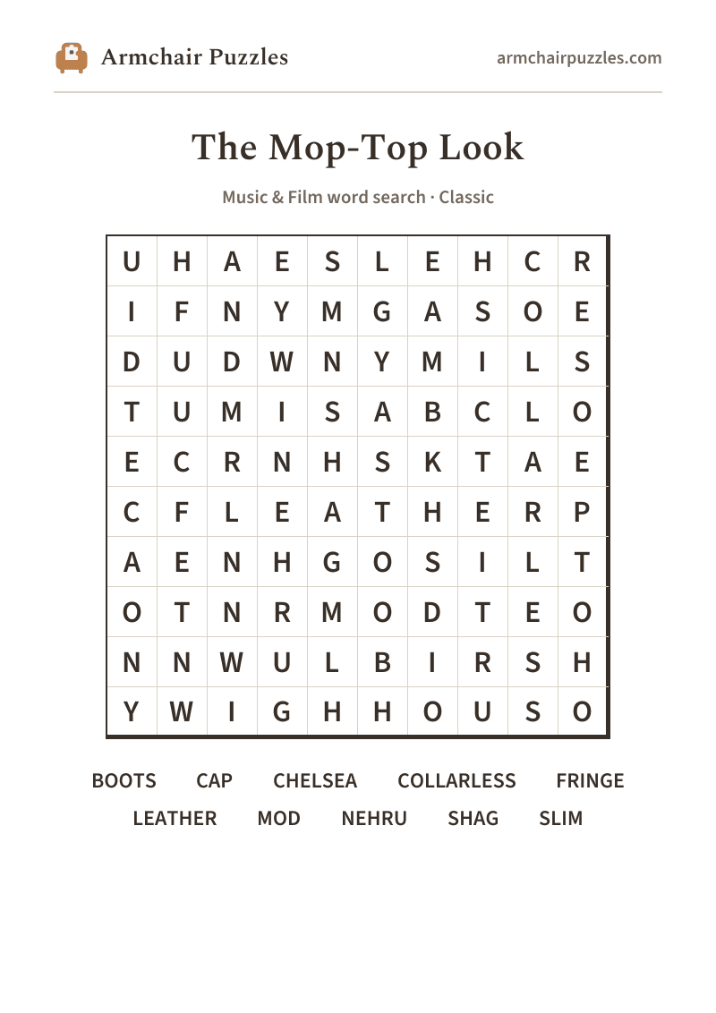 The printable The Mop-Top Look word search sheet in large print